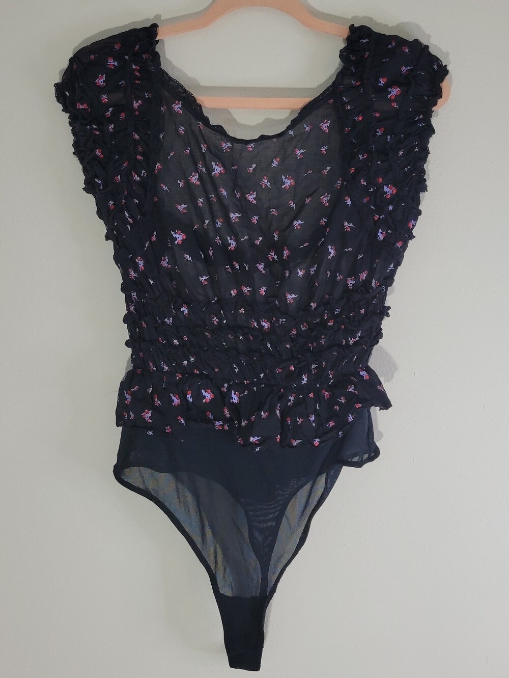 Free People Intimatily Size S/P Sheer Black‎ Floral Bodysuit Top